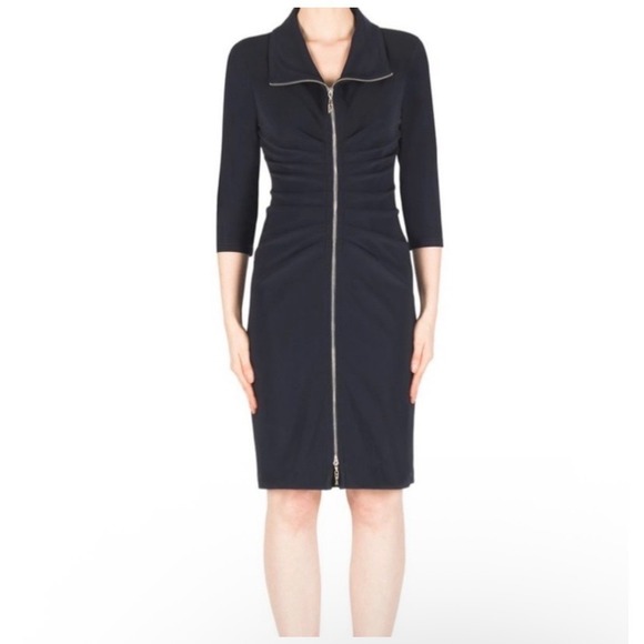 Joseph Ribkoff Vintage Black Ruched Zippered Front Sheath Dress 3/4 Sleeve Sz 14